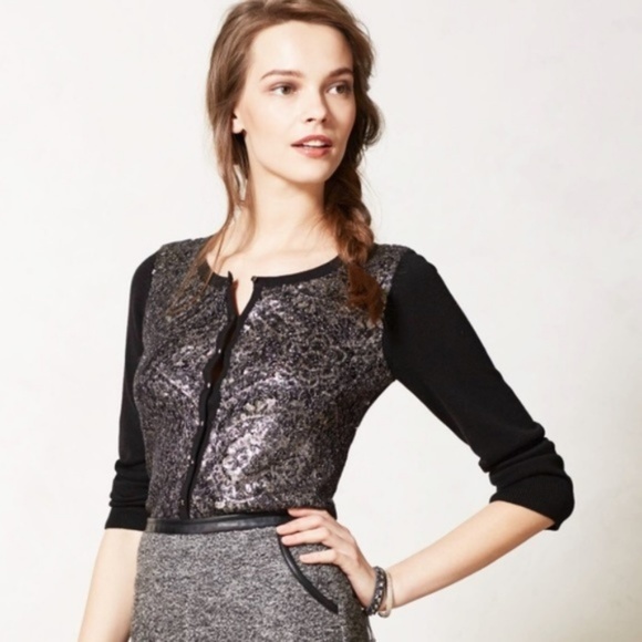 Anthro Knitted & Knotted Black Sequin Cardigan - Picture 2 of 8